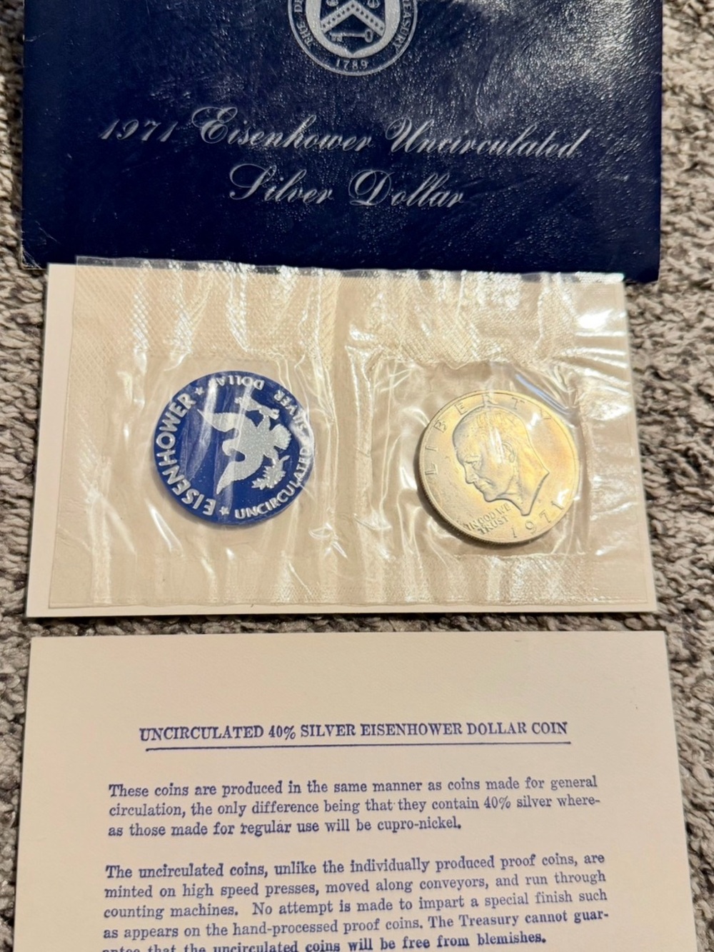 1971 Eisenhower 40% Silver Dollar Uncirculated Original Packaging! “Blue Ike”